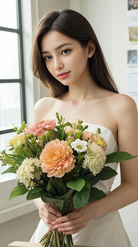 A florist, in a bright, fragrant shop, arranging a bouquet of various blossoms, each petal, color, and fragrance contributing to a masterpiece of natural beauty, symbolic gestures, and thoughtful creativity.