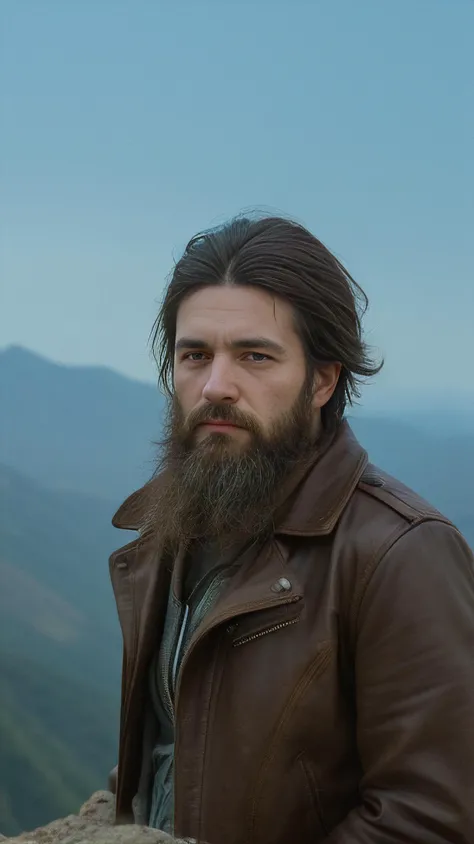 A man on a mountain summit, face weathered and bearded, eyes reflecting the wisdom of solitude, wearing a rugged, leather jacket, embodying the raw, untamed beauty of both the human spirit and the wild.