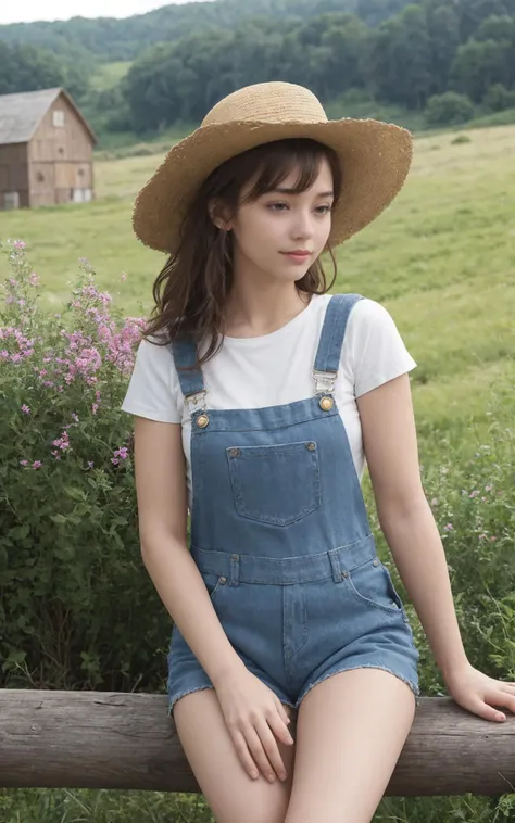 (quaint countryside setting, summer day), young adult woman, rustic casual summer fashion, (sitting on a wooden fence), thoughtful and serene pose, shoulder-length curly hair, light, sun-kissed makeup, (denim overalls over a simple white t-shirt), comfortable boots, (holding a straw hat), (background: rolling hills, a distant barn, wildflowers), soft sunlight, (sense of relaxation and connection with the rural landscape) (cinematic still of attractive young woman:1.3)