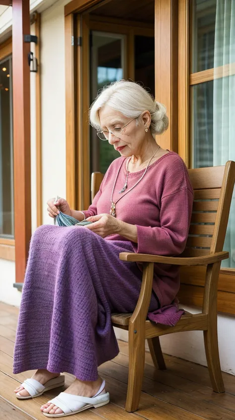 A woman, on a peaceful porch, engrossed in knitting, colors and patterns unfolding, encapsulating the comforting beauty of handmade crafts, tradition, and the woven tales of every stitch.