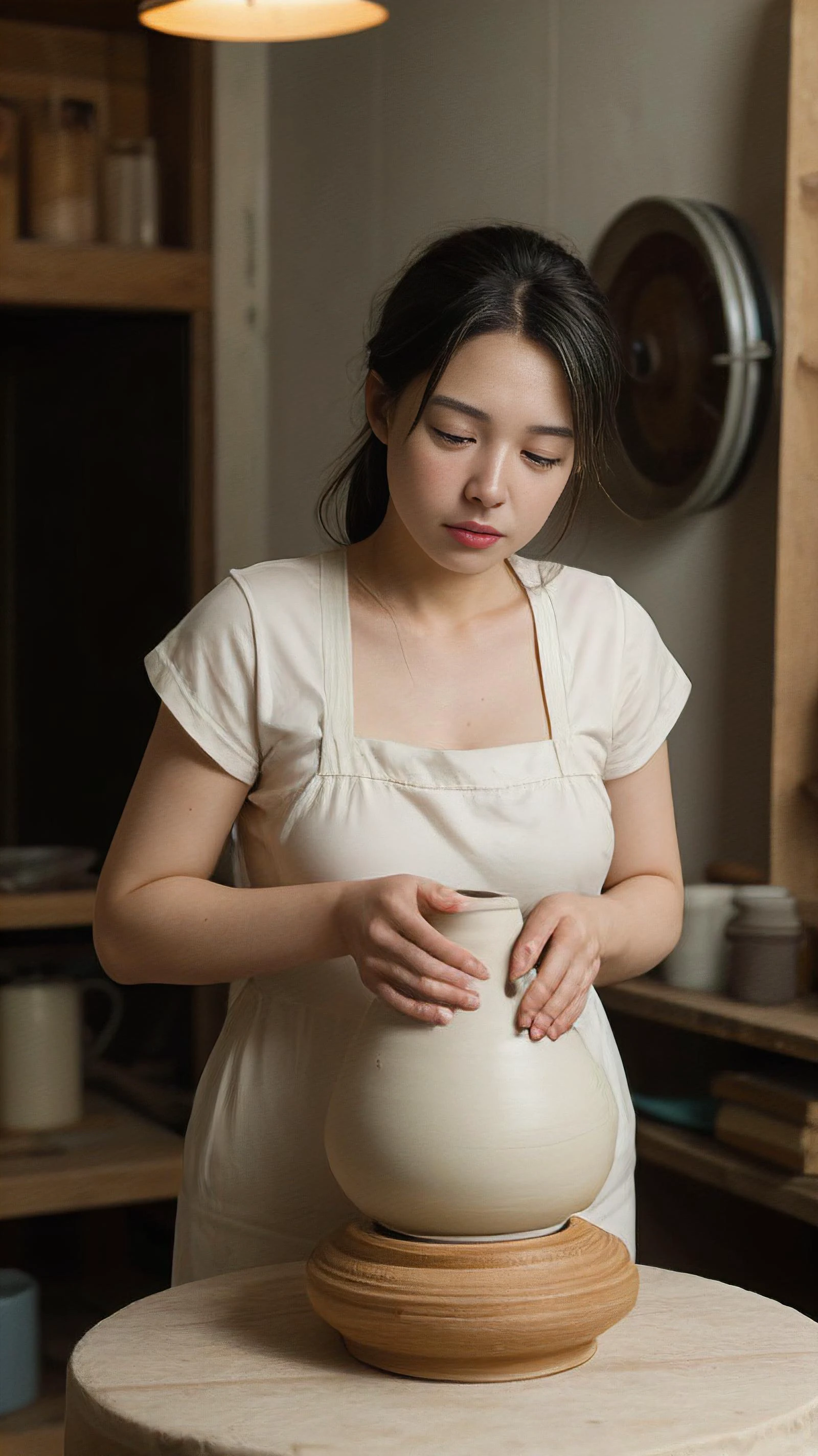 A potterâs hands, covered in clay, shaping a delicate ceramic vase on a spinning wheel, surrounded by the soft, warm glow of a workshop, expressing the soothing beauty of creation, texture, and artisanal warmth.