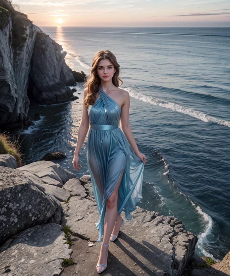 RAW, Nikon D6, 55mm f/1.4, full body glamour photograph of a fit 25 year old woman, jp-Dani, standing on cliff looking at ocean, sunset, bright glossy eyes, wearing <lora:DETAIL_SLIDER_BY_STABLE_YOGI:0.5> <lora:Long Dress 2 By Stable Yogi:0.4>blue long dress