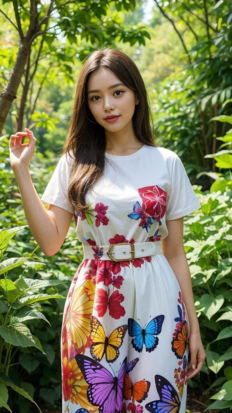 A woman in a botanical garden, surrounded by butterflies, wearing a dress that mirrors their vibrant colors and patterns, embodying the breathtaking beauty of synchronicity, natureâs artistry, and living canvases of color.