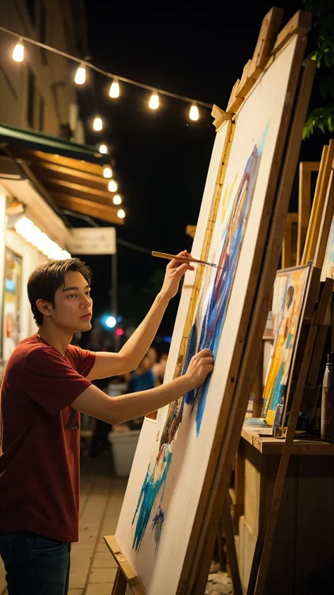 A painter, brush strokes bringing life to a canvas under the soft lights of a nighttime open-air market, embodying the passionate beauty of creativity, artâs journey, and the communal sharing of imagination.