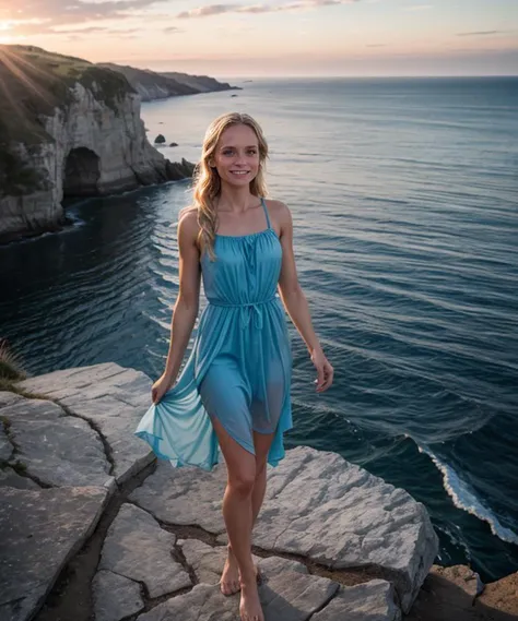 RAW, Nikon D6, 55mm f/1.4, full body glamour photograph of  a fit 25 year old woman, jp-SvetFit2-300, standing on cliff looking at ocean, sunset, bright glossy eyes, wearing <lora:DETAIL_SLIDER_BY_STABLE_YOGI:0.5> <lora:Long Dress 2 By Stable Yogi:0.4>blue long dress