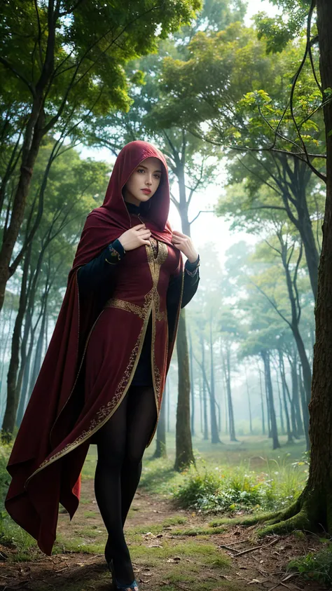 A woman in a mystical forest, cloaked in a velvet cape, surrounded by ethereal lights and ancient trees, embodying the enchanting beauty of fantasy, mystery, and the magical realms of imagination.