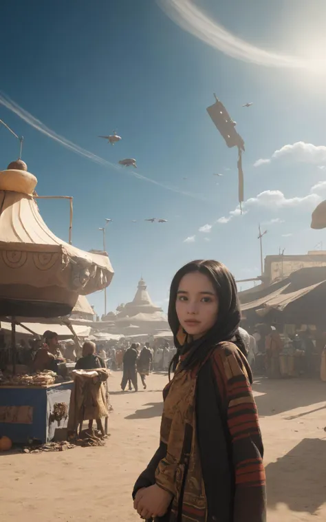 Interstellar Market Scene: Imagine a bustling interstellar market set on a distant planet, a tapestry of alien cultures, exotic foods, and colorful bazaars under a sky of twin suns. (cinematic still of attractive young woman:1.3)