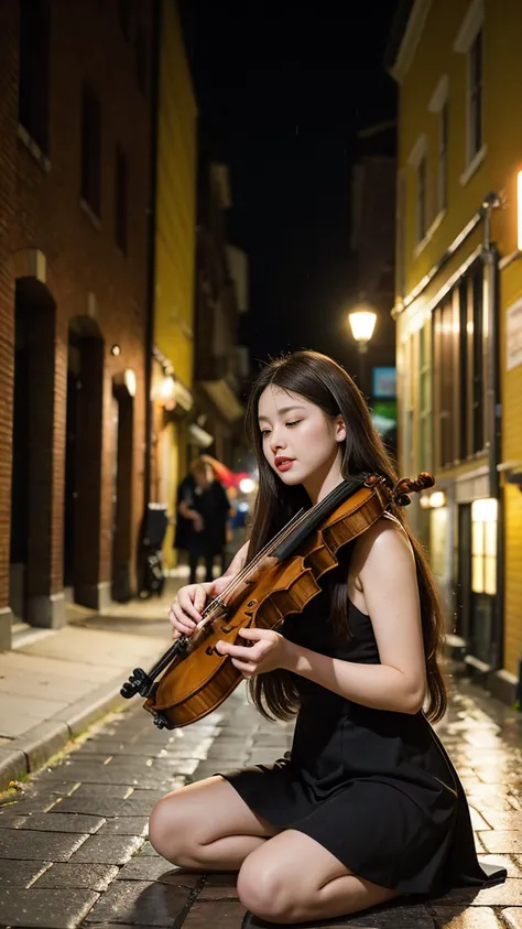 A violinist, on a cobblestone street under soft rain, playing a melody filled with passion and longing, encapsulating the heart-stirring beauty of music, resonance, and the open-air stage of the world.