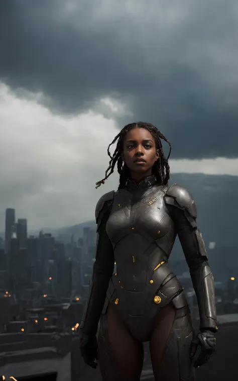 (style of Annie Leibovitz),(intense dramatic lighting),((dark-skinned woman in sci-fi military-style uniform standing in front of mechatank)),sharp angles,embellished with intricate gold braiding and medals,commanding posture,(dystopian cityscape in the background),ominous clouds,deep shadows,sense of urgency and power, (cinematic still of attractive young woman:1.3)