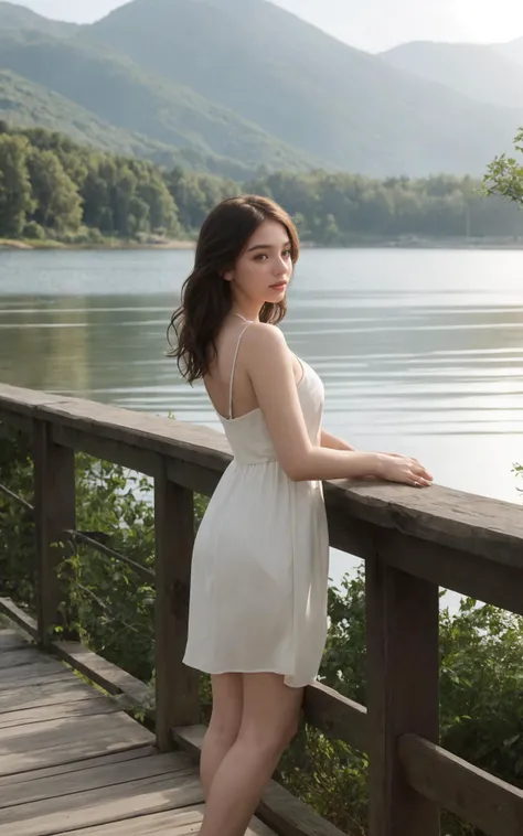 (scenic outdoor lake setting), (sunlit pier), young adult woman, casual summer fashion, ((dipping legs into the lake)), relaxed pose, breezy hairstyle, subtle makeup, (lightweight fabric, flowing dress), nature-inspired colors, serene expression, (background: lush greenery, distant mountains), warm afternoon light, (sense of tranquility and connection with nature) (cinematic still of attractive young woman:1.3)