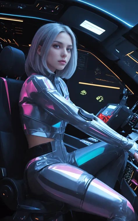 (over the shoulder:1.1), movie still,side view, spaceship cockpit, beautiful young skinny auburn caucasian adult woman sitting in spaceship cockpit looking over shoulder at viewer, glowing holographic instruments,(beautiful face:1.11),from behind, smart fabric jumpsuit:1.3,lightweight structured jacket with sharp geometric lines, utility belt, knee-high boots, fingerless gloves,(large spaceship cockpit with highly polished flooring and stellar view),backlit hair,perfect face,(pale freckles:0.6),(black and silver accents),perfect eyes,(studio lighting:0.3),low key, thin pouting lips,(white bob hair, ombre++ hair:1.2),wide set soft+ turquoise++ eyes, skin pores,(small retrousse nose:1.2), (pale skin),ultra detailed,(Intricate Environment)++,best quality, masterpiece, dramatic angle, highest detailed face,eyelid shimmer makeup,silver eyeshadow,iridescent cheekbones,muted rose lips,deep space blue, BREAK, starlight silver, nebula pink, and black hole black, planetary rings, asteroid clusters, geometric shapes, angular contours,Holographic control panels, chiaroscuro effects, reflective surfaces, star-filled skies, distant galaxies,Chrome finishes, brushed steel, shimmering surfaces, iridescent materials, Minimalist design, clean lines, modernistic details,8k,best quality,masterpiece,(large breasts:0.9) (cinematic still of attractive young woman:1.3)