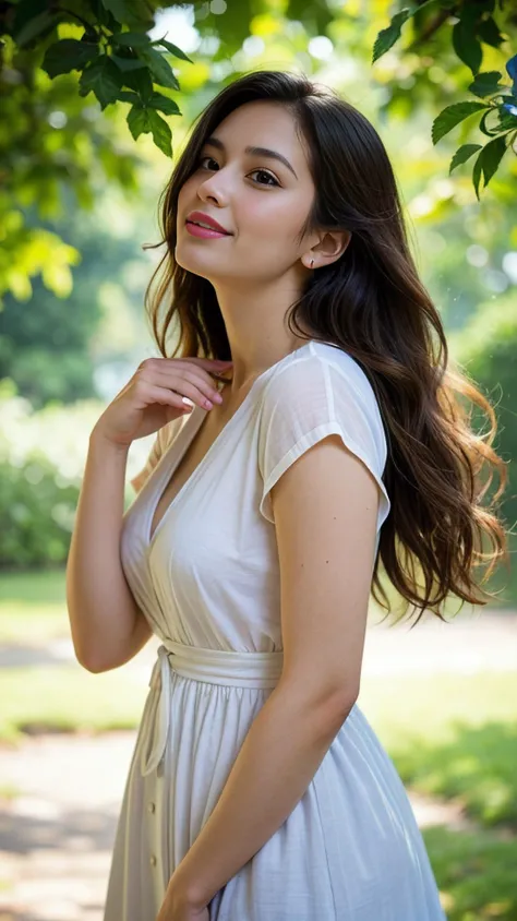 A woman, standing in the soft rainfall, dressed in a vibrant, flowing dress, face turned upwards, embodying the refreshing beauty of natureâs touch, vulnerability, and openness to life's rhythms.