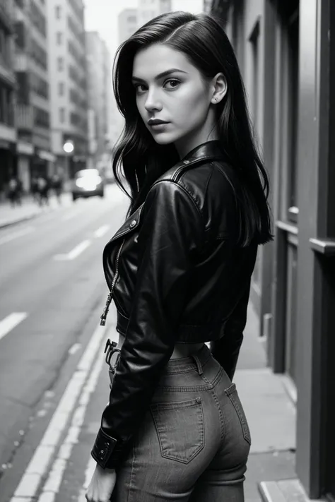 1950s Rebel  \(style\)  photo  of beautiful fit, thin , 25 y/o (jp-Sveta928-1075 :1.1), Sleek straight hair, dark eyeliner, bold brows, Leather jacket, skinny jeans, white tee, Back alley, motorcycle, neon lights, Nikon Z50, 24mm f/1.8, 1/40s, ISO 500, CineStill BWXX