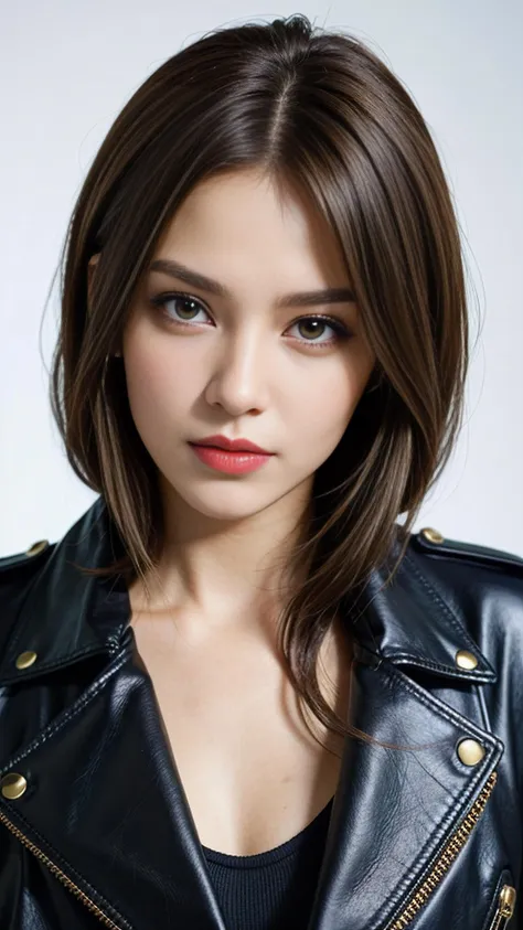 Woman, intense gaze, smoky eyes, subtle smile, lipstick matte, edgy hairstyle, leather jacket, statement jewelry, makeup defining features, strong portrait expressions, detailed outfit, attitude captured, fierce femininity portrayed, modern style emphasis.