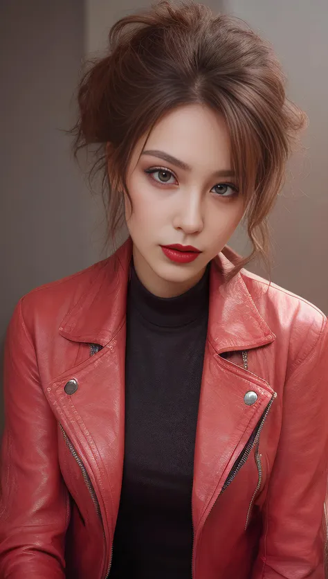 Woman, intense gaze, smoky eyes, subtle smile, lipstick matte, edgy hairstyle, leather jacket, statement jewelry, makeup defining features, strong portrait expressions, detailed outfit, attitude captured, fierce femininity portrayed, modern style emphasis.