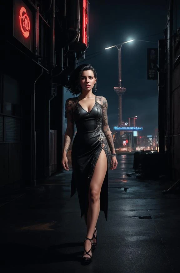 A photo of a beautiful cute young woman medium hair,  with a decorated dress, safe for work (SFW), gorgeous face, Realistic Proportions, Concept art by James Gurney and Laurie Greasley, Moody Industrial skyline, ArtstationHQ, Creative character design for cyberpunk 2077, <lora:Detail Slider V2 By Stable :0.4> <lora:NOISEOFFSET_V2_BY_STABLE_YOGI:0.8>