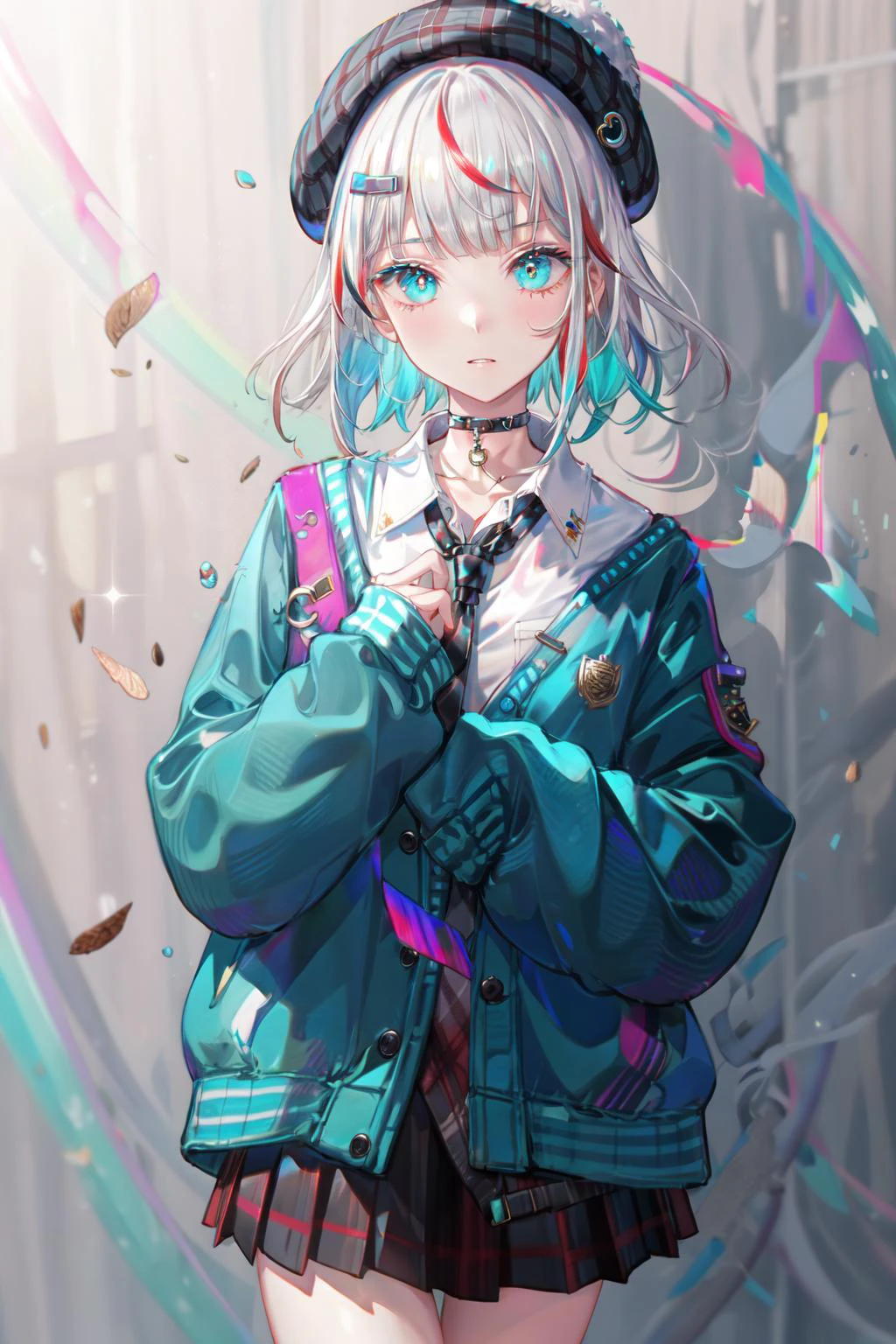 best quality, masterpiece, 1girl, solo, <lora:waccaLily-000100:0.9>, red gradient streaked hair, short hair, white hair, lily (wacca), black beret, plaid skirt, choker, cyan sweater jacket, collared shirt, black plaid necktie, sleeves past fingers, blunt bangs