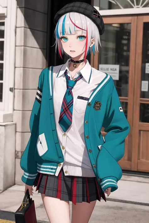 best quality, masterpiece, 1girl, solo, <lora:waccaLily-000100:0.9>, red gradient streaked hair, short hair, white hair, lily (wacca), black beret, plaid skirt, choker, cyan sweater jacket, collared shirt, black plaid necktie, sleeves past fingers, blunt bangs