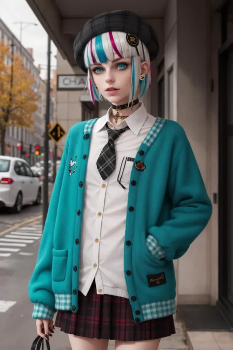 best quality, masterpiece, 1girl, solo, <lora:waccaLily-000100:0.9>, red gradient streaked hair, short hair, white hair, lily (wacca), black beret, plaid skirt, choker, cyan sweater jacket, collared shirt, black plaid necktie, sleeves past fingers, blunt bangs