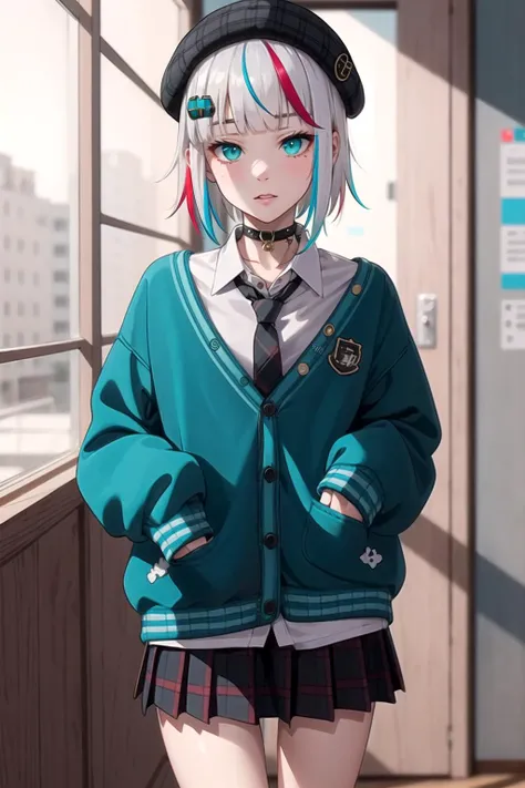 best quality, masterpiece, 1girl, solo,  <lora:waccaLily-000100:0.9>, red gradient streaked hair, short hair, white hair, lily (wacca), black beret, plaid skirt, choker, cyan sweater jacket, collared shirt, black plaid necktie, sleeves past fingers, blunt bangs