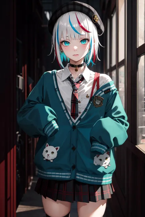 best quality, masterpiece, 1girl, solo,  <lora:waccaLily-000100:0.9>, red gradient streaked hair, short hair, white hair, lily (wacca), black beret, plaid skirt, choker, cyan sweater jacket, collared shirt, black plaid necktie, sleeves past fingers, blunt bangs