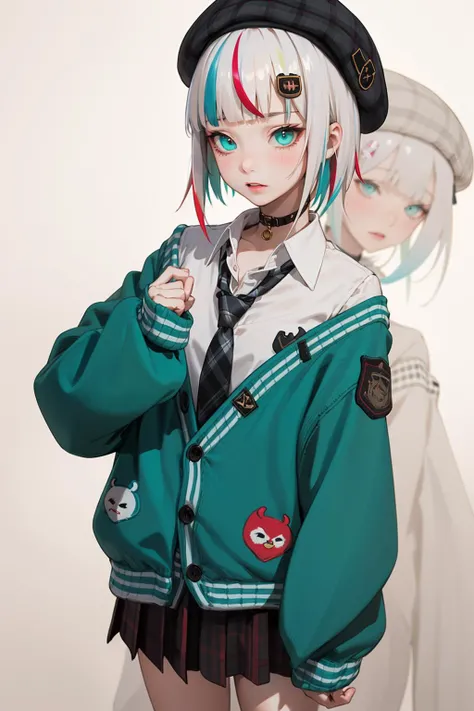 best quality, masterpiece, 1girl, solo, <lora:waccaLily-000100:0.9>, red gradient streaked hair, short hair, white hair, lily (wacca), black beret, plaid skirt, choker, cyan sweater jacket, collared shirt, black plaid necktie, sleeves past fingers, blunt bangs
