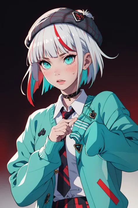 best quality, masterpiece, 1girl, solo,  <lora:waccaLily-000100:0.9>, red gradient streaked hair, short hair, white hair, lily (wacca), black beret, plaid skirt, choker, cyan sweater jacket, collared shirt, black plaid necktie, sleeves past fingers, blunt bangs