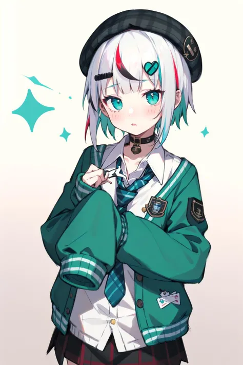 best quality, masterpiece, 1girl, solo, <lora:waccaLily-000100:0.9>, red gradient streaked hair, short hair, white hair, lily (wacca), black beret, plaid skirt, choker, cyan sweater jacket, collared shirt, black plaid necktie, sleeves past fingers, blunt bangs