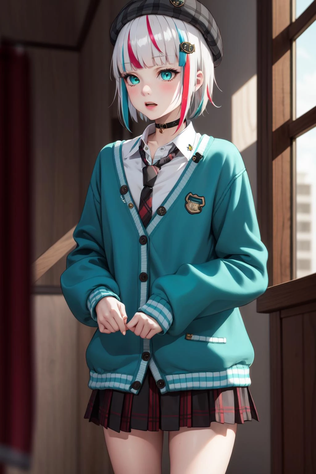 best quality, masterpiece, 1girl, solo, <lora:waccaLily-000100:0.9>, red gradient streaked hair, short hair, white hair, lily (wacca), black beret, plaid skirt, choker, cyan sweater jacket, collared shirt, black plaid necktie, sleeves past fingers, blunt bangs
