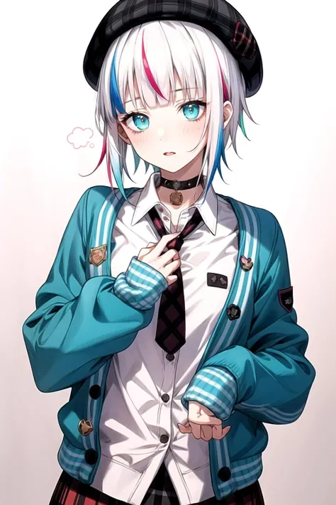 best quality, masterpiece, 1girl, solo, <lora:waccaLily-000100:0.9>, red gradient streaked hair, short hair, white hair, lily (wacca), black beret, plaid skirt, choker, cyan sweater jacket, collared shirt, black plaid necktie, sleeves past fingers, blunt bangs