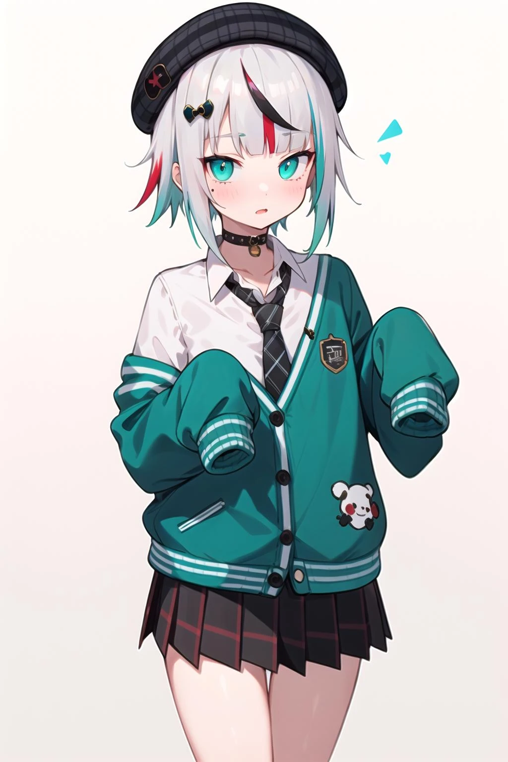 best quality, masterpiece, 1girl, solo, <lora:waccaLily-000100:0.9>, red gradient streaked hair, short hair, white hair, lily (wacca), black beret, plaid skirt, choker, cyan sweater jacket, collared shirt, black plaid necktie, sleeves past fingers, blunt bangs