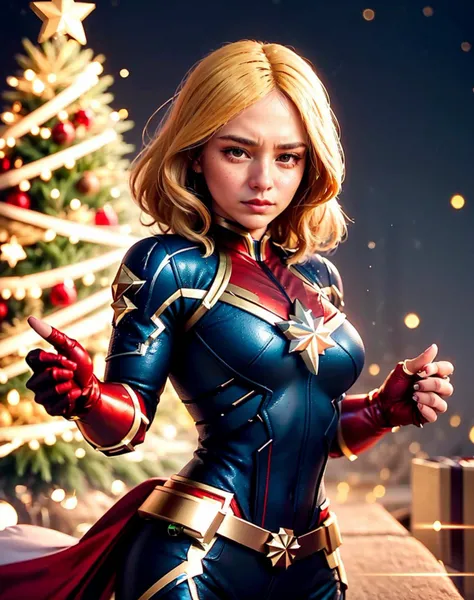 cinematic photo , realistic <lora:quiron_Chritsmas_v1_lora:0.57> ChristmasQuiron style, Christmas, Christmas tree, Christmas decorations,  Christmas style, Christmas spirit, best quality, ultra detailed, 8k, mysterious,   hero pose, Captain Marvel (Marvel Comics): Captain Marvel's red, blue, and gold suit, glowing emblem, and superhuman powers make her a powerful and inspiring character for cosplayers. . 35mm photograph, film, bokeh, professional, 4k, highly detailed