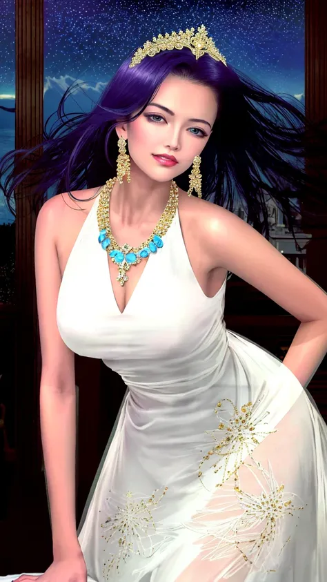 photorealistic, award winning photo of sexy woman, quiron_TaniaRussof_vHard, blue eyes, black hair, smile, czech supermodel, Realistic, complex jelly silk dress, (wearing  (jewelled headdress ( diamond, ruby, sapphire, gemstones) and necklace)),  (long gradient from gold to purple hair, hair blowing in the wind), (good anatomy:1.2), Feminine Expressions, (erotic, sexy, horny), orgasm face,  studio light, dark studio, indoor , cinematic, well rendered, concept, on top of a Gothic style building, midnight, moon, beautiful Gothic style street background, dark sky, stars,
 (dynamic pose),  butterfly legs,  open legs, wide hips, windblown hair,  swirly bokeh, sharp focus, vibrant, film still, <lora:epiNoiseoffset_v2:0.7>, <lora:quiron_TaniaRussof_vHard:1>,