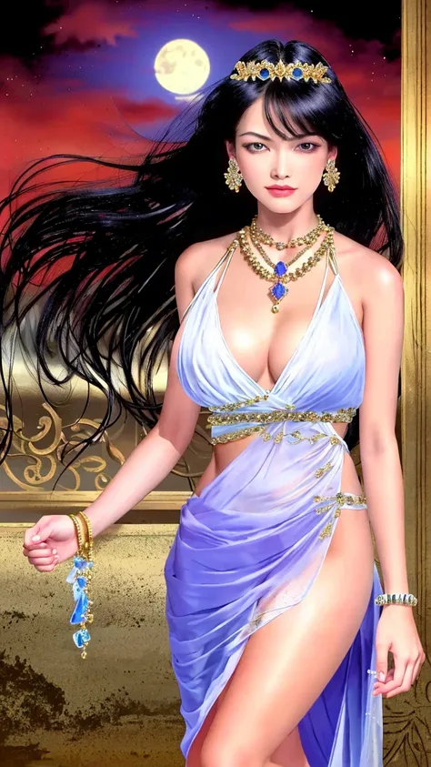 photorealistic, award winning photo of sexy woman, quiron_TaniaRussof_vHard, blue eyes, black hair, smile, czech supermodel, Realistic, complex jelly silk dress, (wearing  (jewelled headdress ( diamond, ruby, sapphire, gemstones) and necklace)),  (long gradient from gold to purple hair, hair blowing in the wind), (good anatomy:1.2), Feminine Expressions, (erotic, sexy, horny), orgasm face,  studio light, dark studio, indoor , cinematic, well rendered, concept, on top of a Gothic style building, midnight, moon, beautiful Gothic style street background, dark sky, stars,
 (dynamic pose),  butterfly legs,  open legs, wide hips, windblown hair,  swirly bokeh, sharp focus, vibrant, film still, <lora:epiNoiseoffset_v2:0.7>, <lora:quiron_TaniaRussof_vHard:1>,