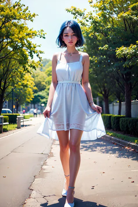 best quality, masterpiece, sharp focus, high resolution, ultra-detailed, 8k, 1girl, solo, wonderfully detailed full body illustration of beautiful woman wearing a white sundress, short curly hair, light blue hair, outside, daytime, sunlight