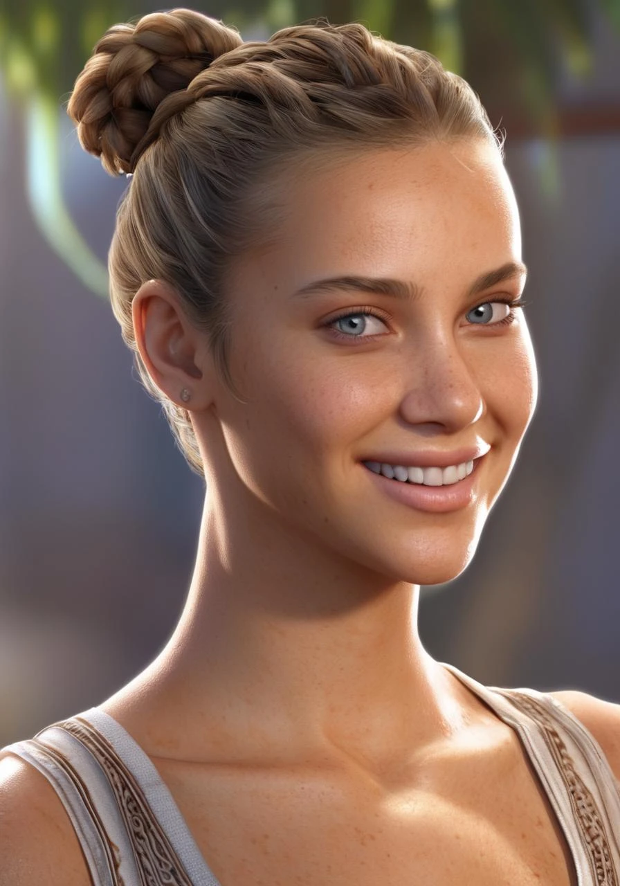 hyperrealistic art (adult, perfect skin, female, looking away, portrait, upper body, smile, detailed eyes, sensual, stranded, beautiful light, hair bun). extremely high-resolution details, photographic, realism pushed to extreme, fine texture, incredibly lifelike