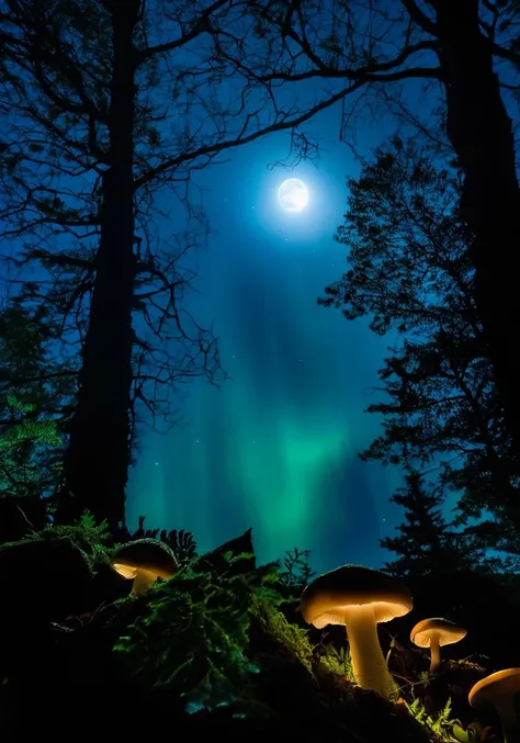 image of a serene, moonlit forest with towering, glow-in-the-dark mushrooms and a elf figure trapped in a beautiful yet mysterious web of tree branches