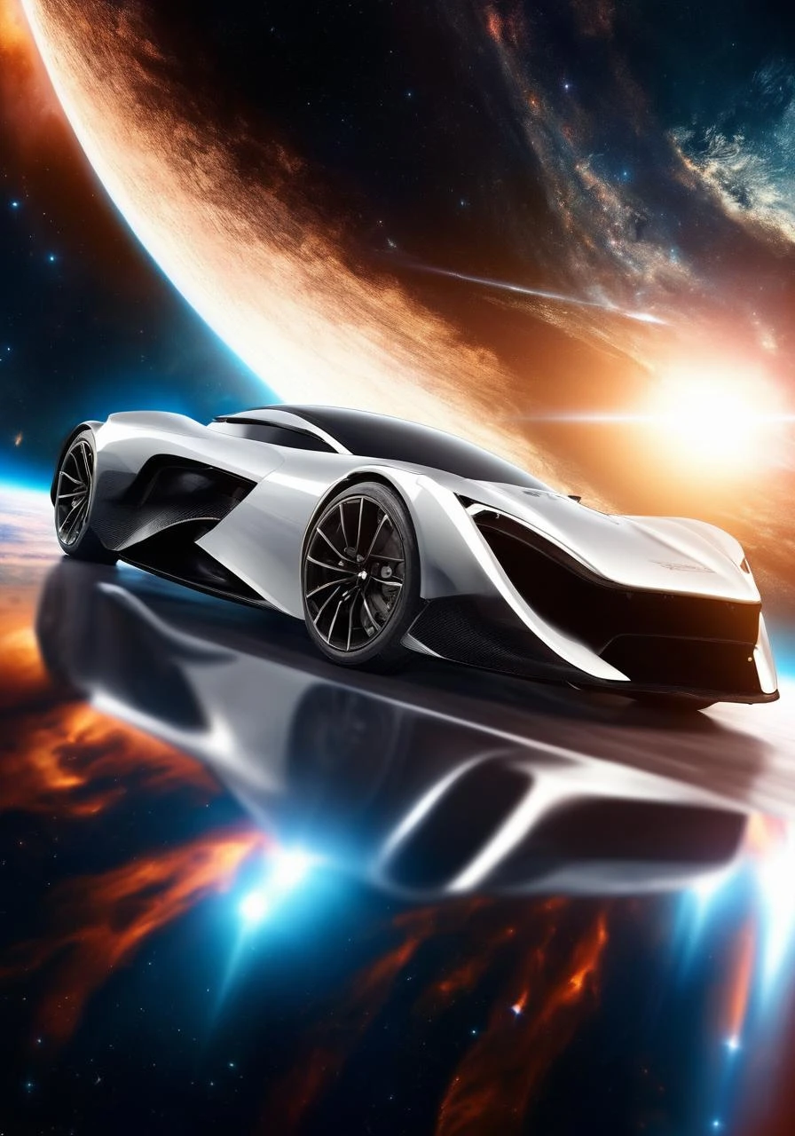 Automotive advertisement style sport car in space. Sleek, dynamic, professional, commercial, vehicle-focused, high-resolution, highly detailed