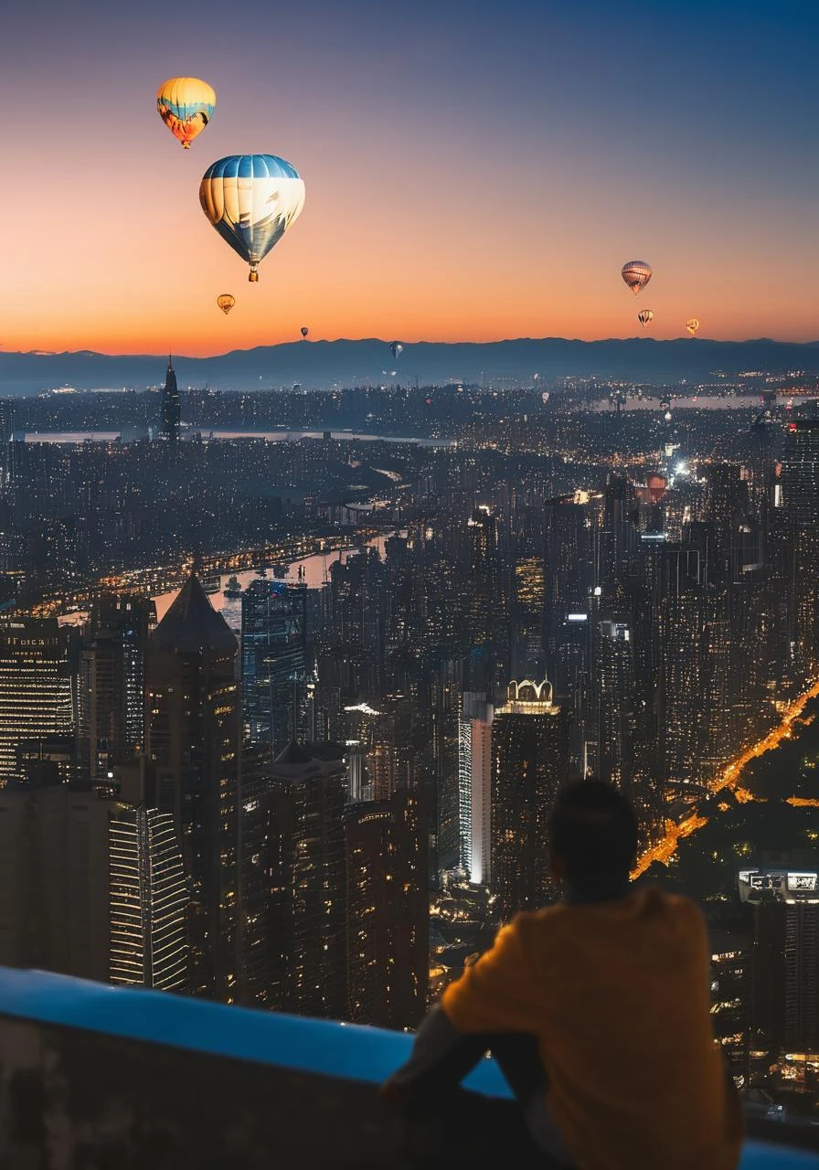 Photo of a city skyline at dusk, where the foreground portrays a sleepless individual sitting on a rooftop edge, gazing at the stars above. The background blends realistic skyscrapers with soaring hot air balloons
