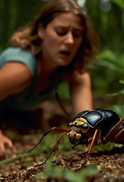 Insects crawl, girl in agony, horror unfolds., cinematic shot + dynamic composition, incredibly detailed, sharpen, details + intricate detail + professional lighting, film lighting + 35mm + anamorphic + lightroom + cinematography + bokeh + lens flare + film grain + HDR10 + 8K + Roger Deakins, ((cinematic))