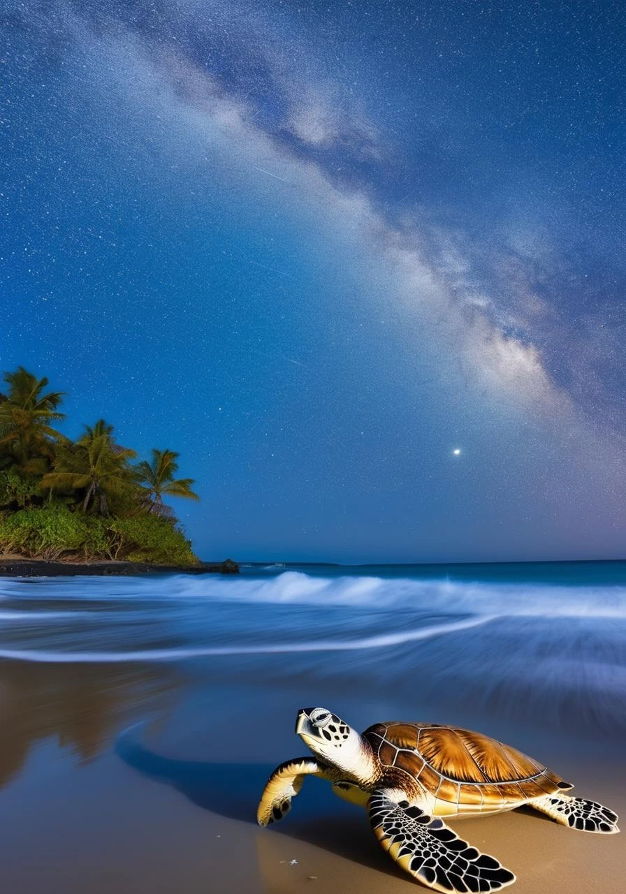 Generate an photo of a peaceful, moonlit beach scene where the crashing waves freeze mid-air, and a majestic, silver sea turtle amidst floating seashells and twinkling constellations