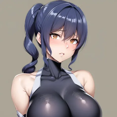 <lora:uehara_rin:0.8>, masterpiece, best quality, uehara_rin, body suit, bangs, bare shoulders, blue hair, highres, absurdres, (portrait:1.2), long hair,