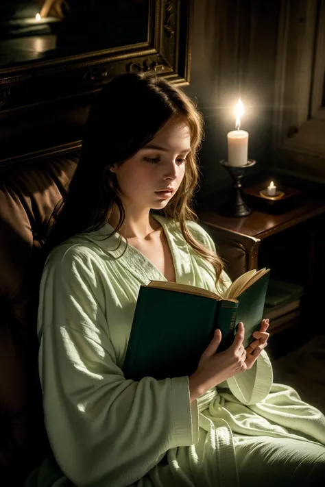(masterpiece), (ultra high res photograph, 8k, realistic, hyperrealistic), (medium shot:1.5), photo of (AnnDym_V1_TTX023:1.0), brown hair, green eyes, wearing a white sleeping robe, sitting in a couch, reading a book, in an old room at night, wall candle light, <lora:Lgirl-v6_500steps:0> <lora:nighttime_v1:0.4>
