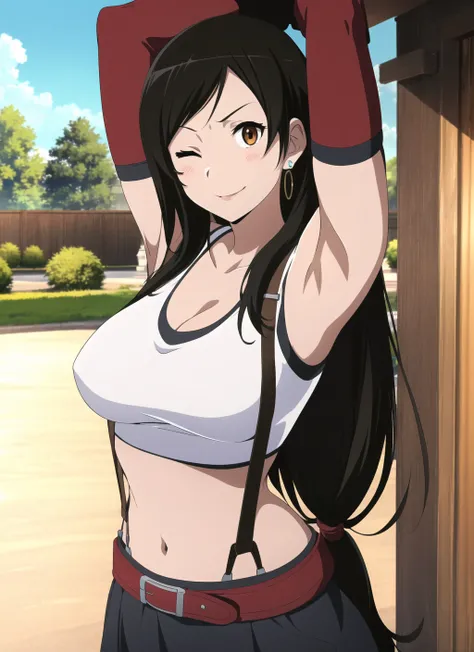 hyouka <lora:hyouka_offset:1>, tifa lockhart, 1girl, thick lips, arm up, armpits, artist name, belt, black hair, breasts, brown eyes, cleavage, closed mouth, collarbone, cowboy shot, crop top, earrings, elbow gloves, elbow pads, gloves, jewelry, large breasts, lips, long hair, low-tied long hair, midriff, navel, one eye closed, outdoors, skirt, smile, solo, stomach, suspenders, tank top, upper body, ((masterpiece)) <lora:tifa_lockhart_offset:0.6>