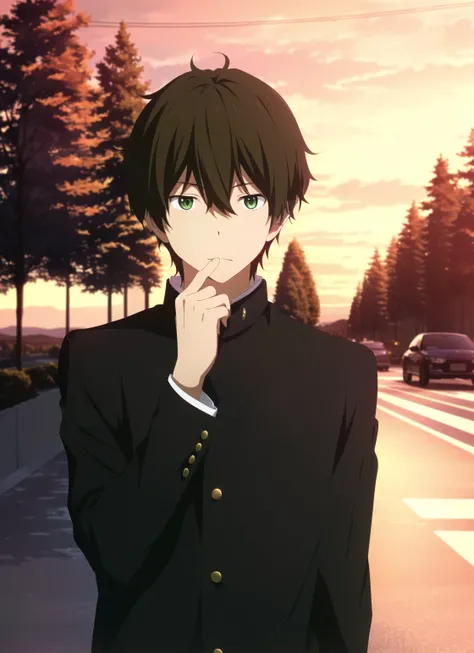 hyouka <lora:hyouka_offset:1>, masterpiece, best quality, 1boy, male focus, gakuran, school uniform, solo, ground vehicle, hand on own chin, green eyes, tree, car, motor vehicle, brown hair, black hair, upper body, outdoors, sunset, blurry, short hair