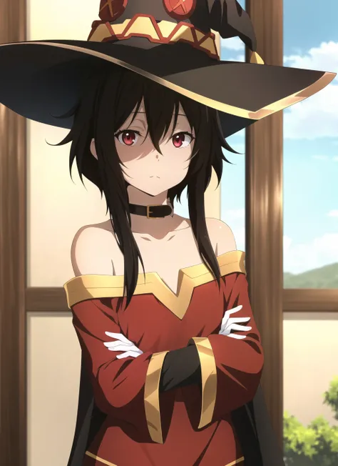 mashle <lora:mashle_offset:1.3>, masterpiece, best quality, megumin, 1girl, bare shoulders, black cape, black gloves, black hair, cape, choker, collarbone, dress, hair between eyes, hat, long sleeves, looking at viewer, medium hair, off-shoulder dress, off shoulder, red dress, red eyes, sidelocks, solo, witch hat, indoors