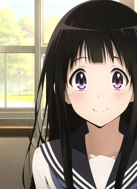 hyouka <lora:hyouka_offset:1>, masterpiece, best quality, chitanda eru, 1girl, solo, smile, black hair, purple eyes, long hair, blush, looking at viewer, school uniform, kamiyama high school uniform, bangs, close-up,