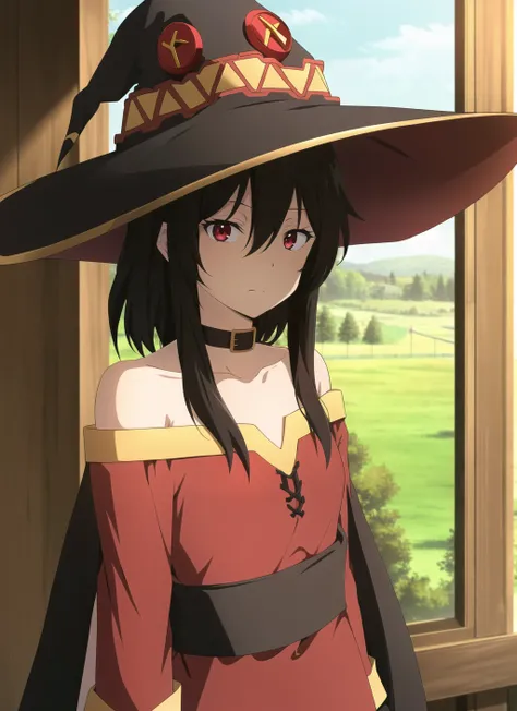 hyouka <lora:hyouka_offset:1>, masterpiece, best quality, megumin, 1girl, bare shoulders, black cape, black gloves, black hair, cape, choker, collarbone, dress, hair between eyes, hat, long sleeves, looking at viewer, medium hair, off-shoulder dress, off shoulder, red dress, red eyes, sidelocks, solo, witch hat, indoors,