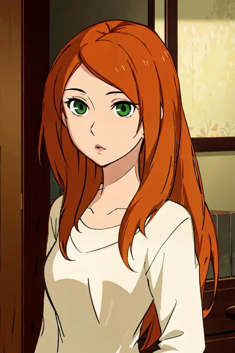 hyouka <lora:hyouka_offset:0.7>, beautiful ,masterpiece, best quality, 1girl, beautiful green eyes, long hair, orange hair, kim possible <lora:kim_possible_offset:0.7>, cute, portrait, casual clothes