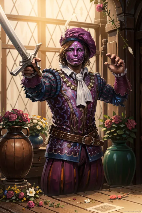 (masterpiece, best quality:1.2),  <lora:dandelion-20:0.70>, dandelionW3_soul3142, 1girl, 1boy, hat, mask, weapon, flower, belt, sword, ascot, rose, hat feather, vase